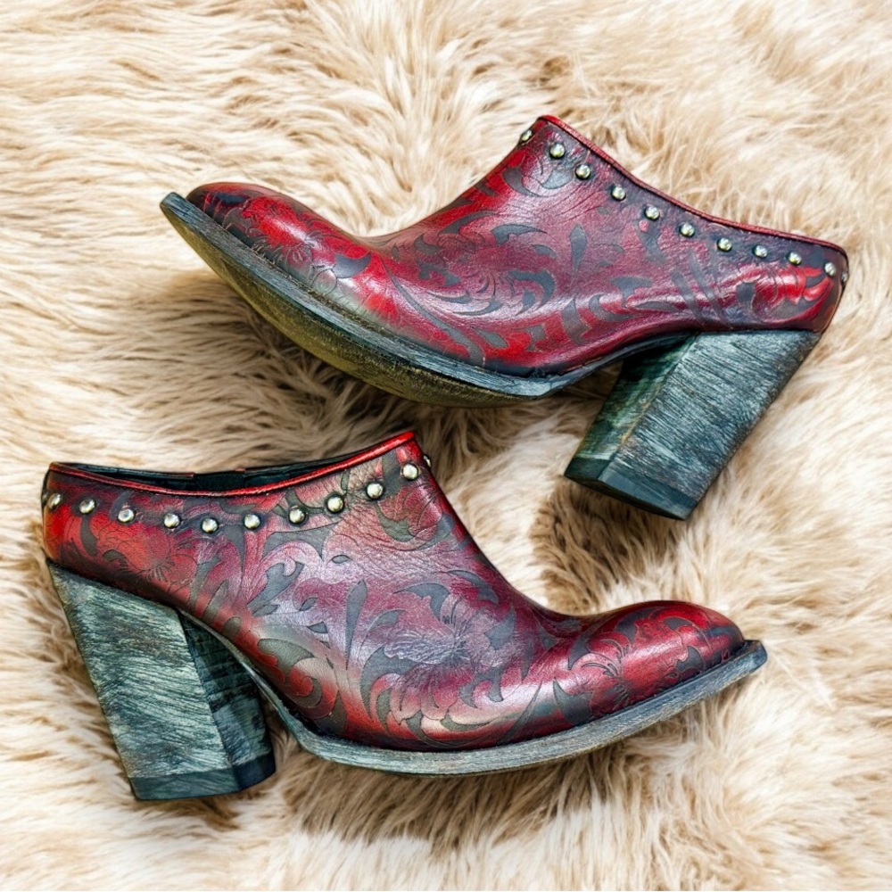 Old Gringo Red Tooled Leather Short Block Heel Cowboy Boots Size 10 With Studs